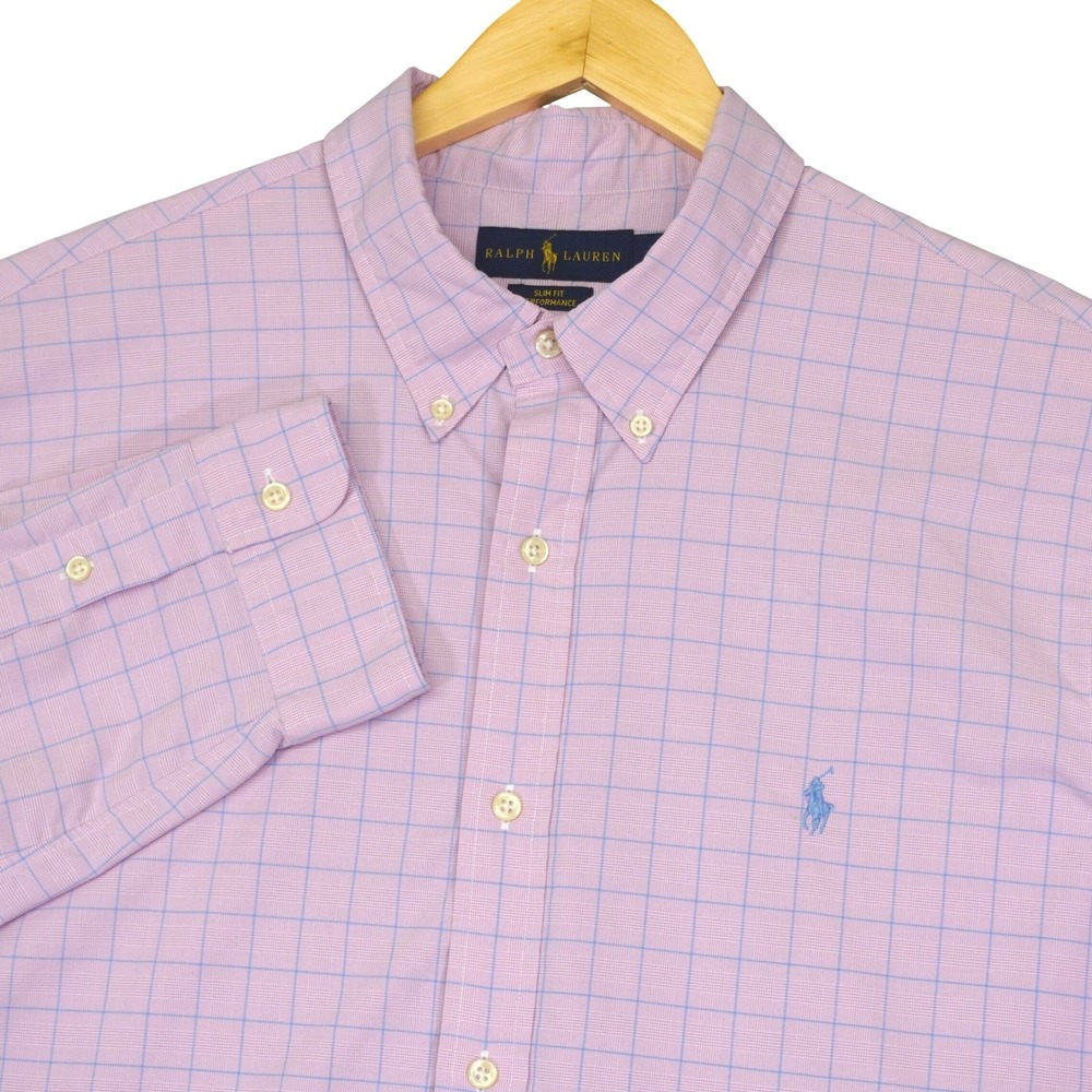 Ralph Lauren Button Down Shirt Mens XXL Pink Check Slim Fit Performance Pony